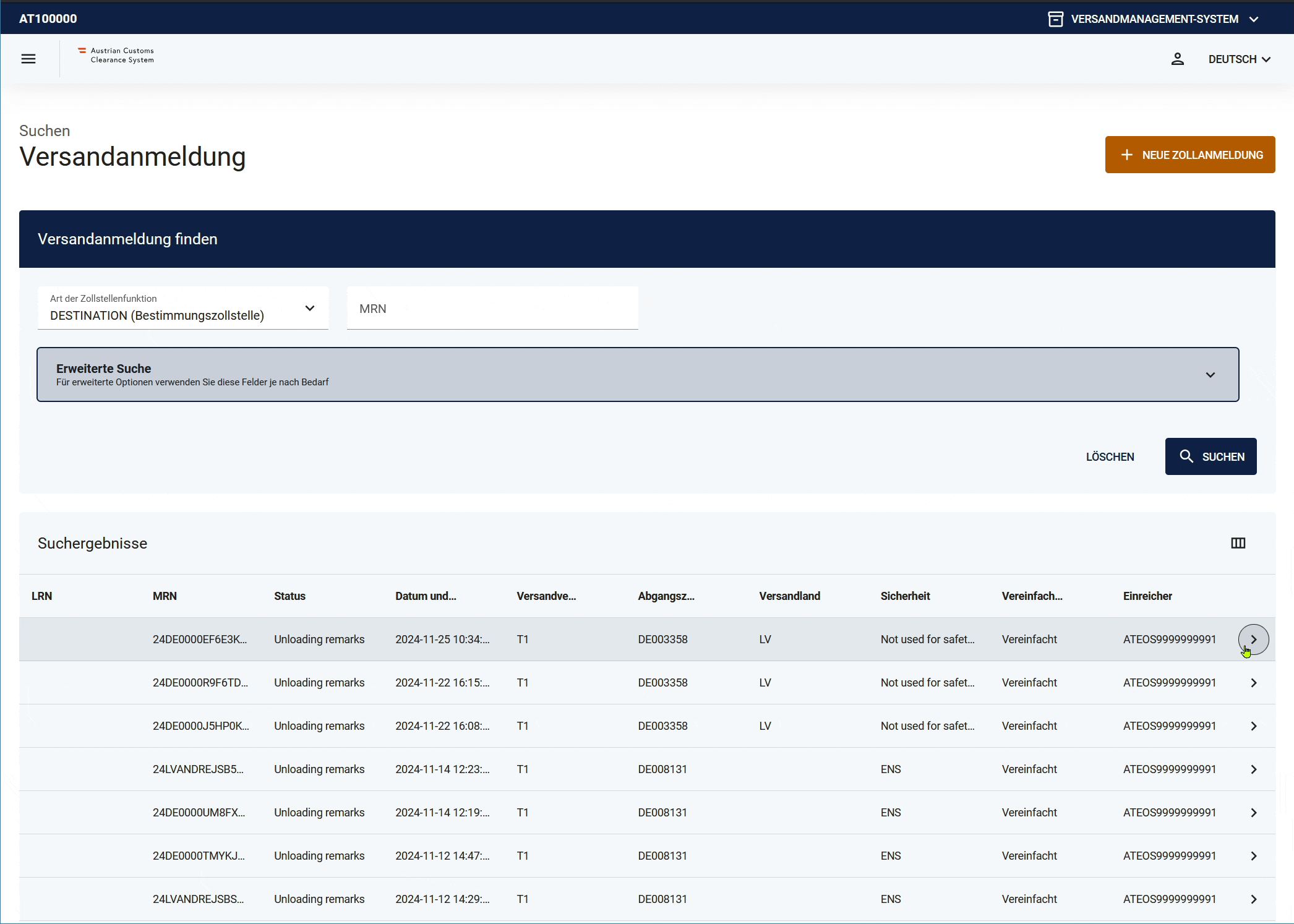 gemeldete Entladevermerke A5